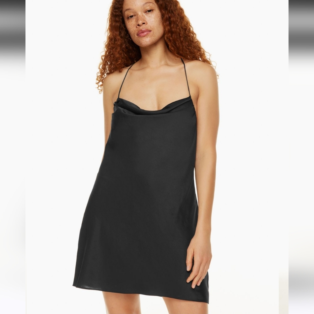 Aritzia Wilfred Harmonist Satin Black Cowlneck Mini Dress sz Small